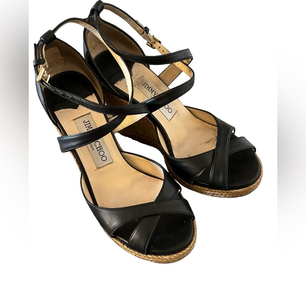 JIMMY CHOO Alanah 105 Leather Espadrille Wedge Sandal In Black pre loved size 7